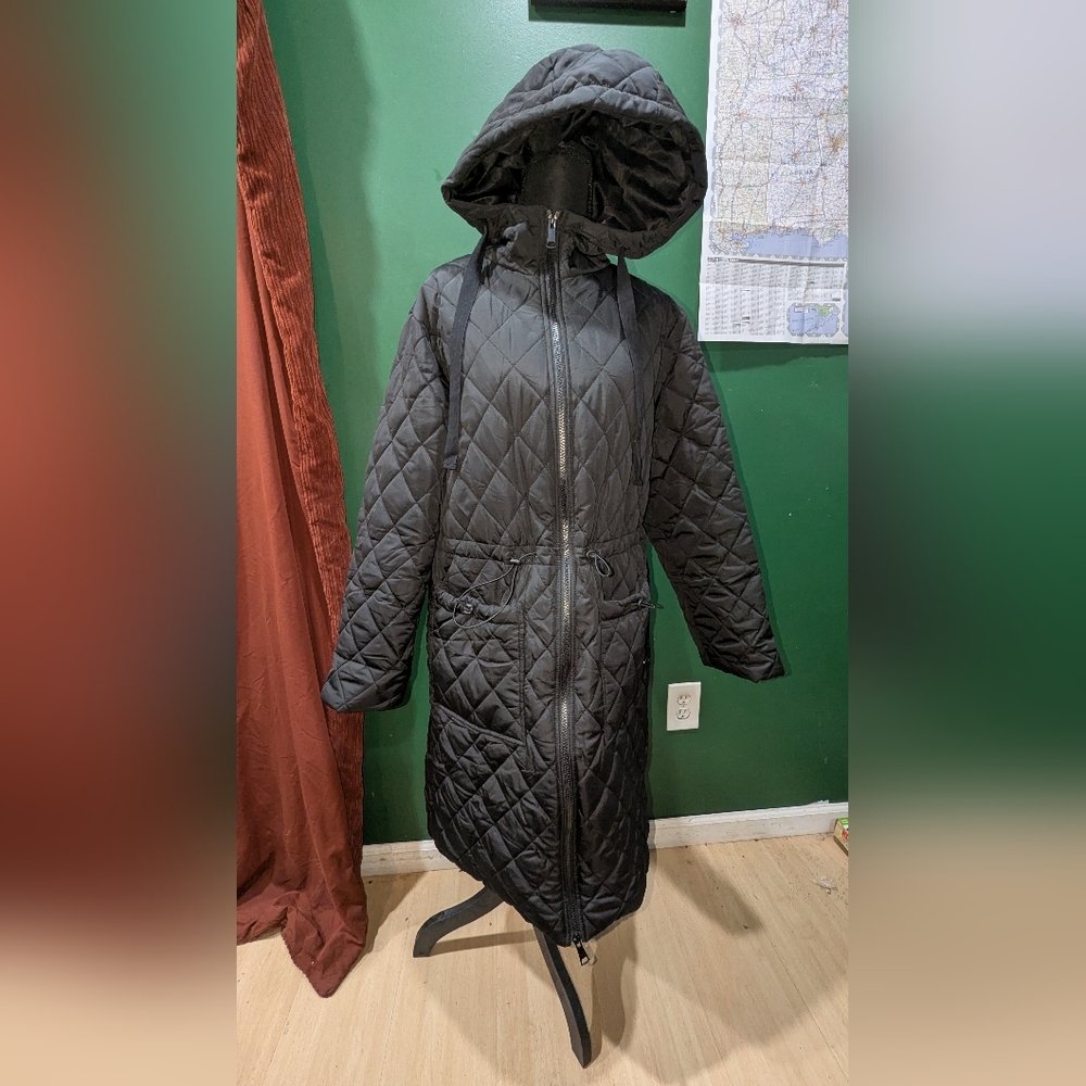 Women's Large Black Quilted Hooded Coat